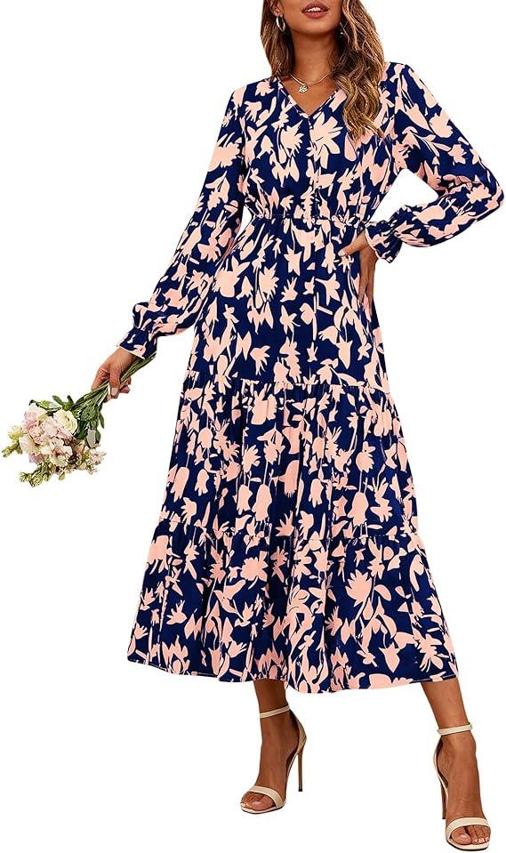 BTFBM Women Fall Dresses 2025 Casual Long Sleeve V Neck Maxi Dresses Floral Boho Long Dress Wedding Guest Dress XXL