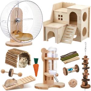 Set of 18 Hamster Toys Set, 15 Small Animal Chewing Toys, Maze Wood House, Silent Exercise Running Wheels and Water Bottle Set for Hamster Habitat Rat Cage Accessories