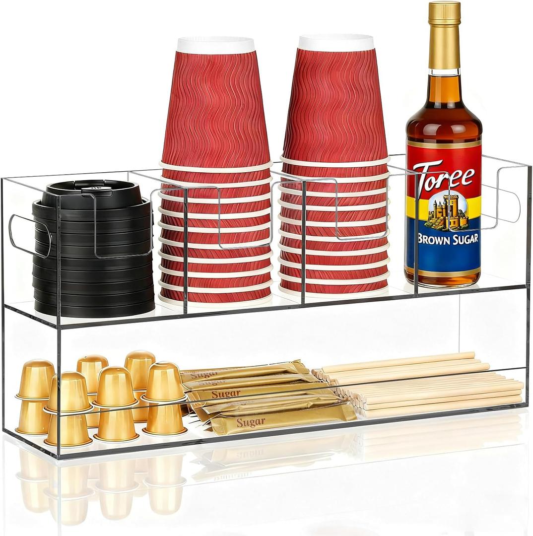 MYITYARD Cup Storage Organizer, Coffee Station Caddy, Clear Acrylic Cup and Lid Holder, Coffee Condiment Bar Accessories for Pods, Sugar, Creamer, Syrup, 5 Compartments