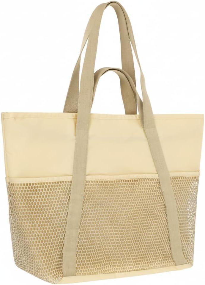 F-color Waterproof Beach Bags for Women - Machine Washable Travel Tote Bag with Zipper Cruise Swim Vacation Essentials (Medium, Beige (Light Yellow))