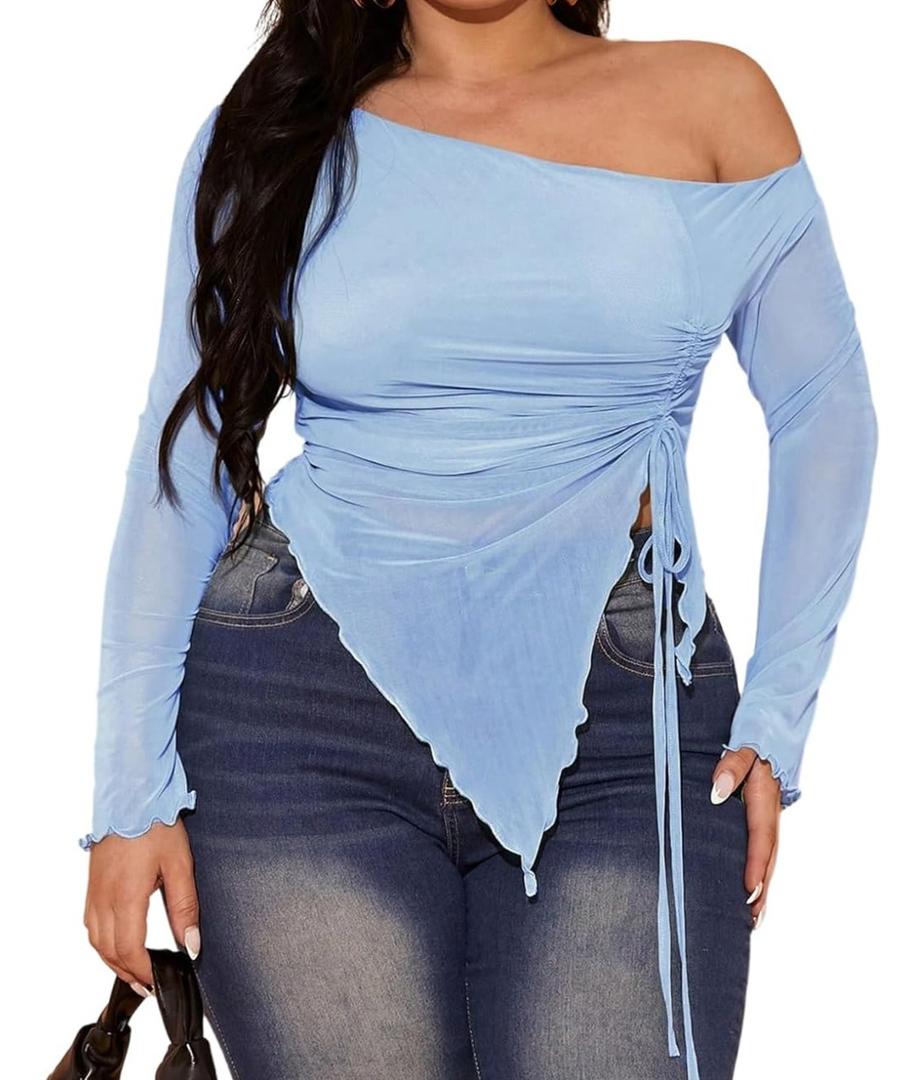 Women's Plus Size Sheer Mesh Off Shoulder Tops Long Sleeve Drawstring Asymmetrical Hem Ruched T Shirt, XXL