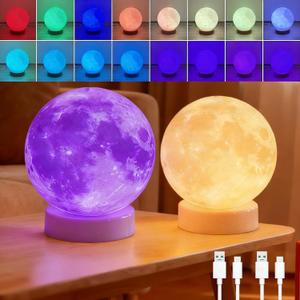 Buroraix Moon Lamp 3D Printing LED Light, Home Bedroom Decor, Moon Globe lamp, Cute Touch Small Night Light, Adults Romantic Atmosphere Table Lamps, Gifts for Christmas (RGB-16 Colors/ 2 Pack, 4.7inch)