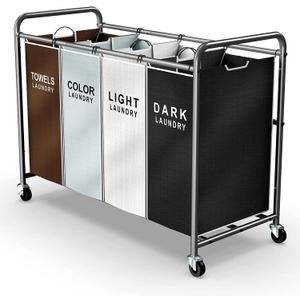 ROMOON Laundry Hamper Sorter Cart: 4-Section Organizer with Heavy-Duty Lockable Wheels and Removable Bags | 172L Rolling Laundry Basket for Dirty Clothes in Laundry Room or Small Spaces (Multicolor)