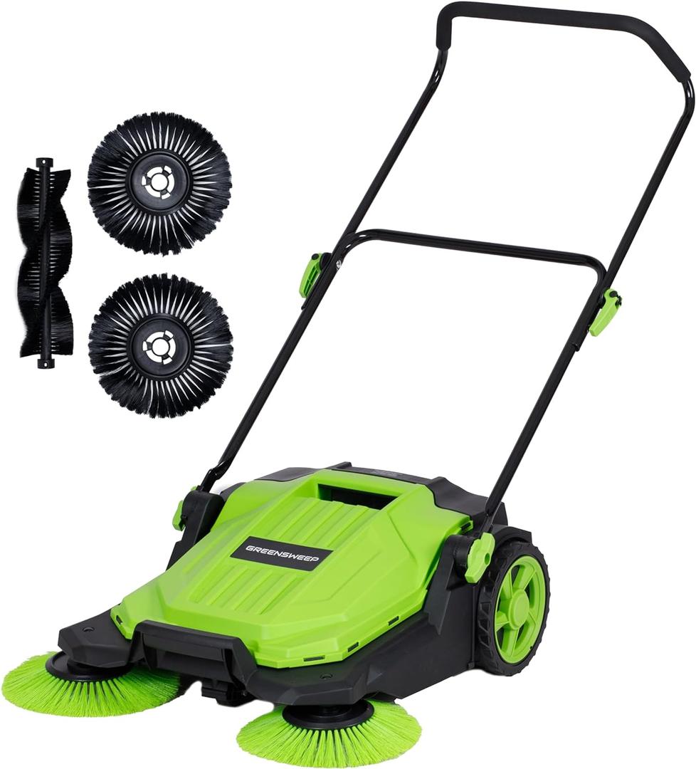 Walk Behind Manual Push Floor Sweeper - 5 Gallon Capacity - Easy Storage - Outdoor Use - Additonal Heavy Duty Brush Set