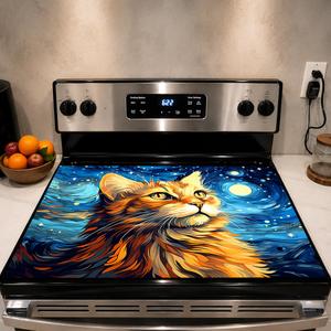 Stove Top Covers for Electric Stove, Decorative Starry Night Orange Cat - Heat Resistant Glass Stove Top Cover, Scratch Protector Mat for Glass Cooktop, Non-Slip Drying and Counter Mat, 28"x20"