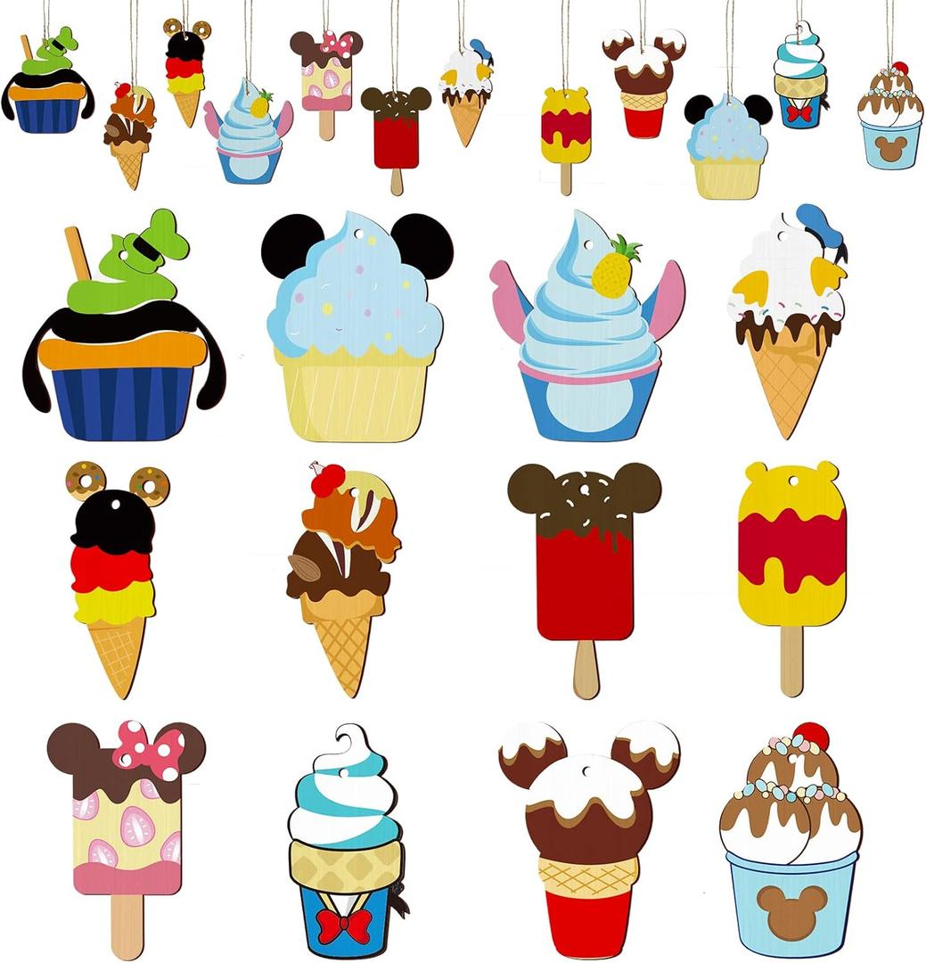 24 Pcs Mouse Wooden Hanging Ornaments,Mouse Tree Summer Decors Mini Dessert Ice Cream Wooden Ornaments Hanging Slices with Rope for Window Holiday Party Decor Valentine's Day