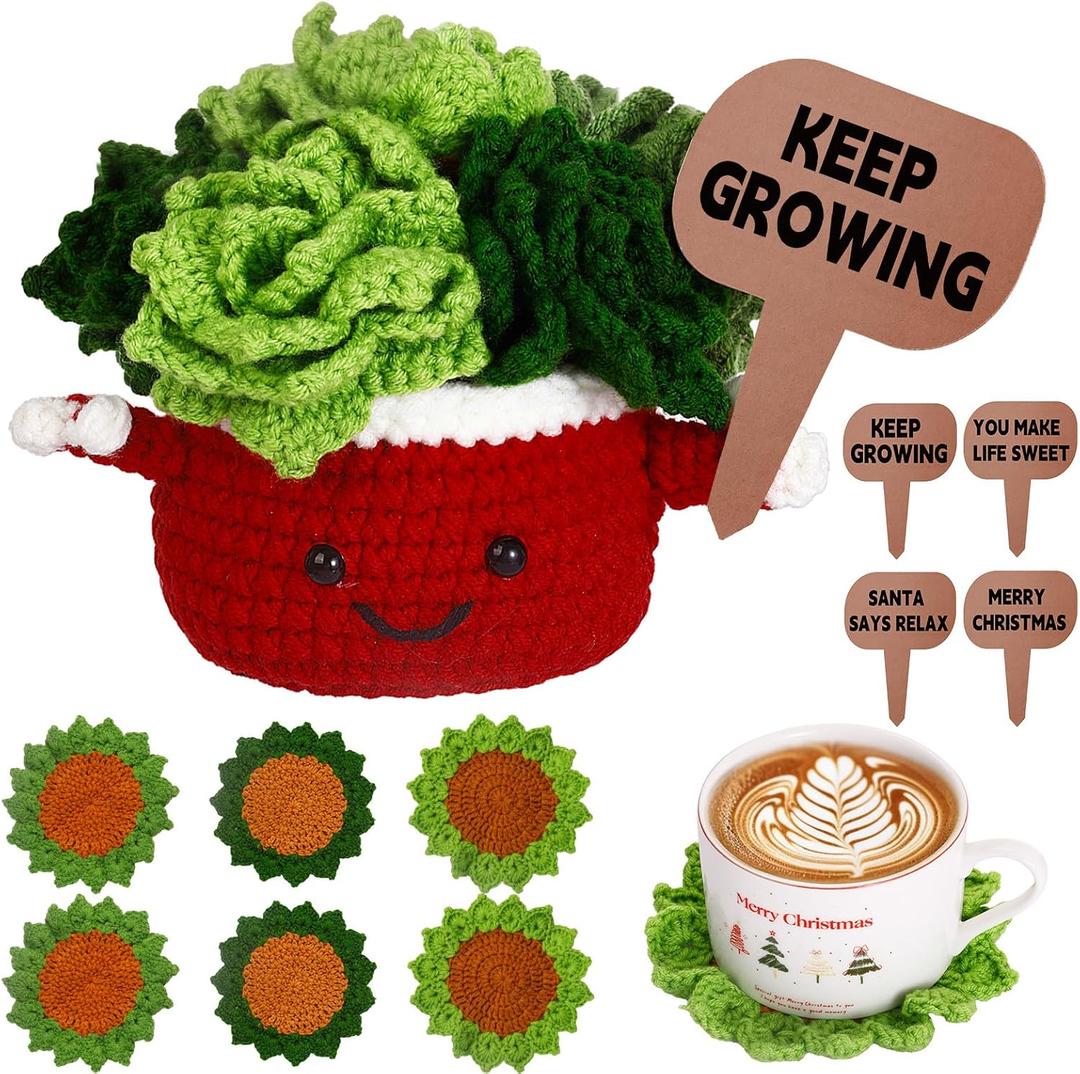 Set of 6 Cute Crochet Coasters Handmade Succulent Plant Coasters Crochet Plant Pot Coaster with Inspirational Message,Drink Cup Mats for Home Office Table Decor,Crochet Gifts for Plant Lovers