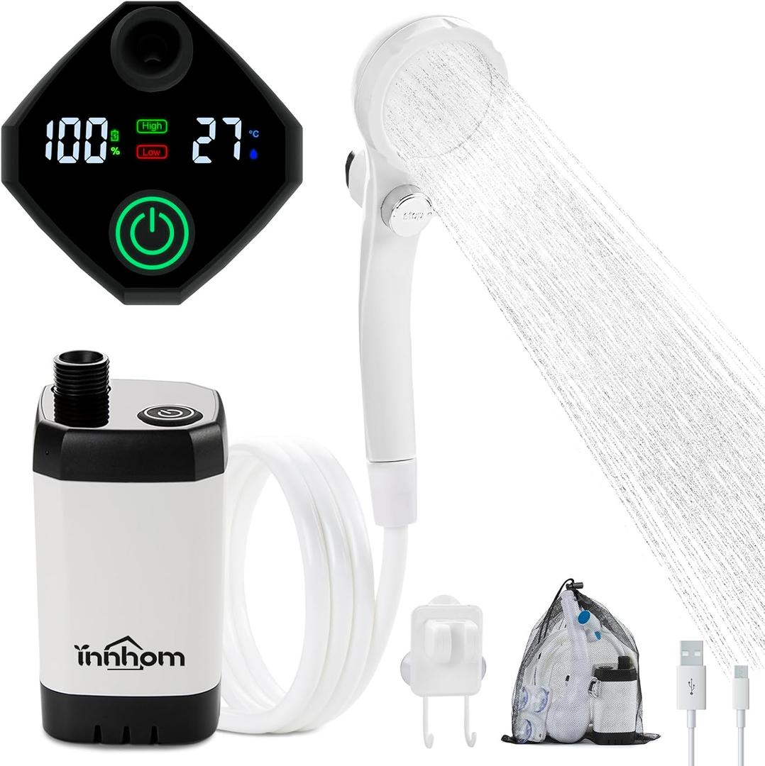 innhom Portable Camping Shower, 6000mAh Rechargeable Camp Shower Pump with LED Display, 2 Mode Electric Portable Shower for Camping, Hiking, Travelling, Washing (white)