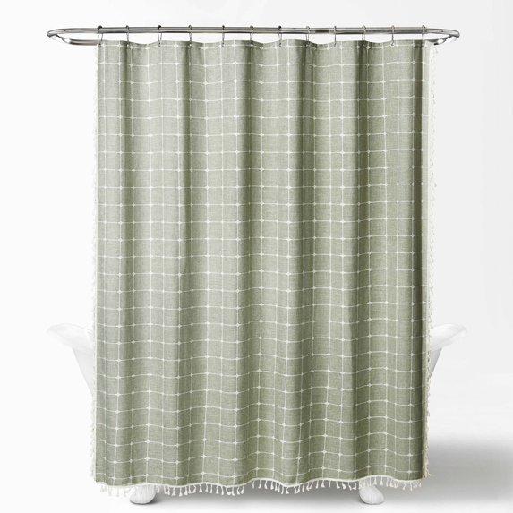 Modern Waterproof Plaid Shower Curtains with Tassel for Bathroom, 72" x 72", Sage
