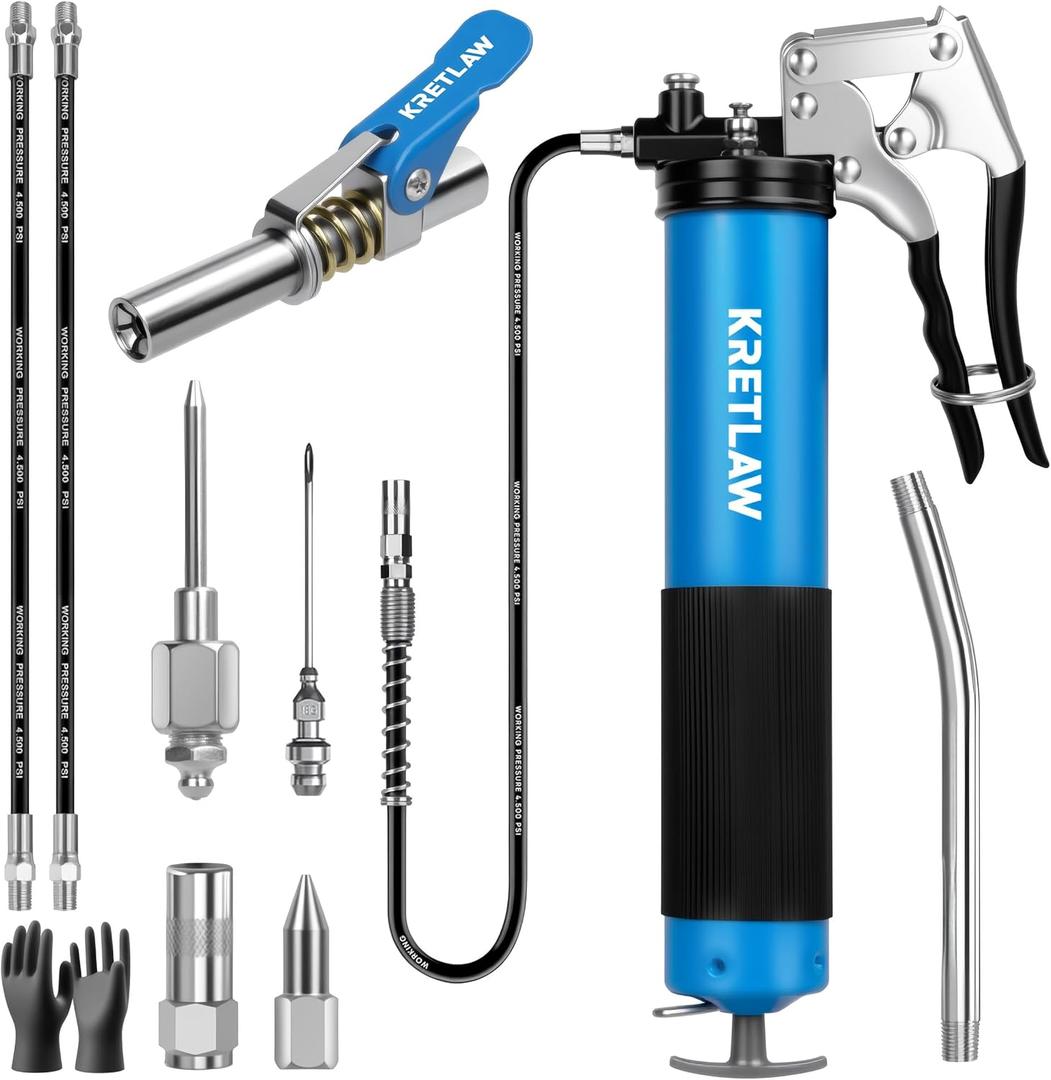 KRETLAW Grease Gun, 7000 PSI Heavy Duty Professional Pistol Grip Grease Gun Kit 14 OZ with Coupler, Double Grease Injector Needles, 18" & 2pc 12" Flex Hoses and Reinforced Glove