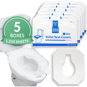 Reli. Toilet Seat Covers (1250 Pcs, 5 Packs of 250) | Disposable Toilet Seat Cover - Flushable - 14x16" (Half-Fold) | Paper Liners for Restroom, Bathroom, Travel, Camping, Kids Potty Training