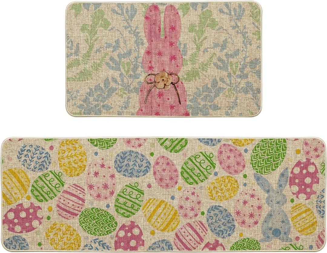 Artoid Mode Pink Bunny Egg Leaves Easter Kitchen Mats Set of 2, Spring Home Decor Low-Profile Kitchen Rugs for Floor - 17x29 and 17x47 Inch