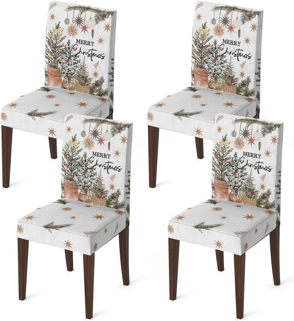 Horaldaily 4PCS Christmas Dining Chair Covers, Christmas Trees Ball Ornaments Stretch Removable Washable Slipcover Chair Protector for Dining Room Home Decor (White)
