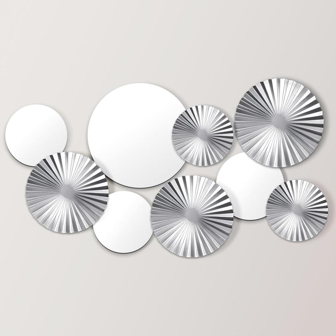 Hicarer 9 Pcs Silver Wall Decor Metal Home Decor Metal Wall Decorative Circle Plates Mirror Modern Round Accent Wall Art Sculpture Decor Hanging Decorations for Living Room Office Bedroom Kitchen