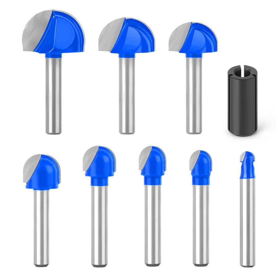 8Pcs Cove Box Cemented Carbide Router Bit for Woodworking, MDF and Plywood, 1/4" Shank Round Nose, 1/4" 5/16" 3/8" 1/2" 5/8" 3/4" 7/8" 1" Cutting Diameter