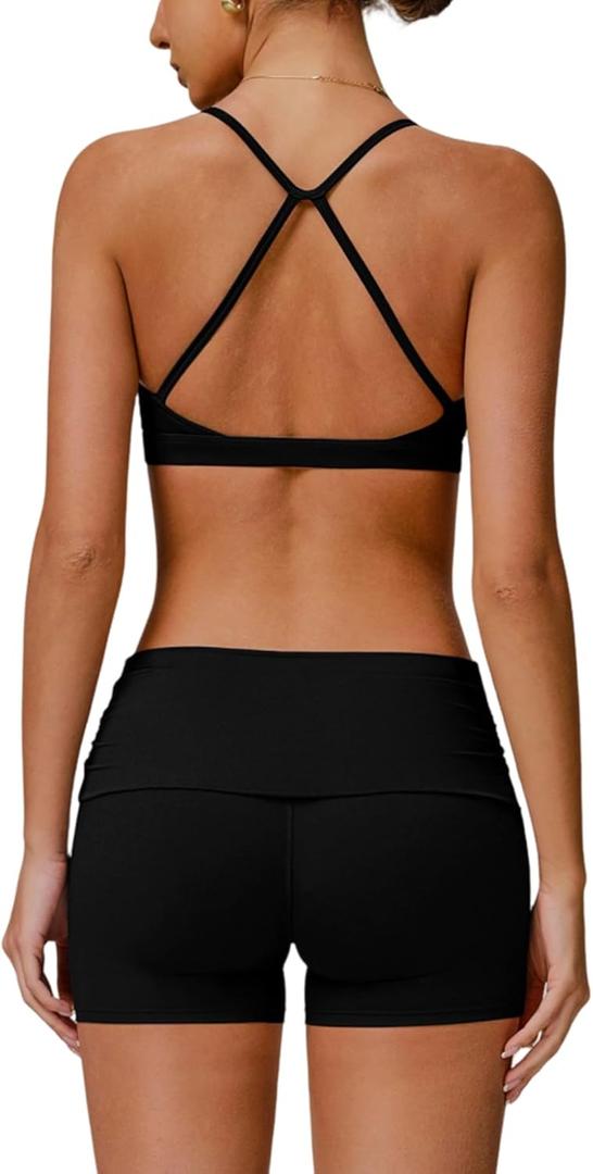 Women Two Piece Workout Sets Back Sports Bras Matching High Waist Booty Lifting Shorts Gym Yoga Jogger Wear Outfits (Large, Black)