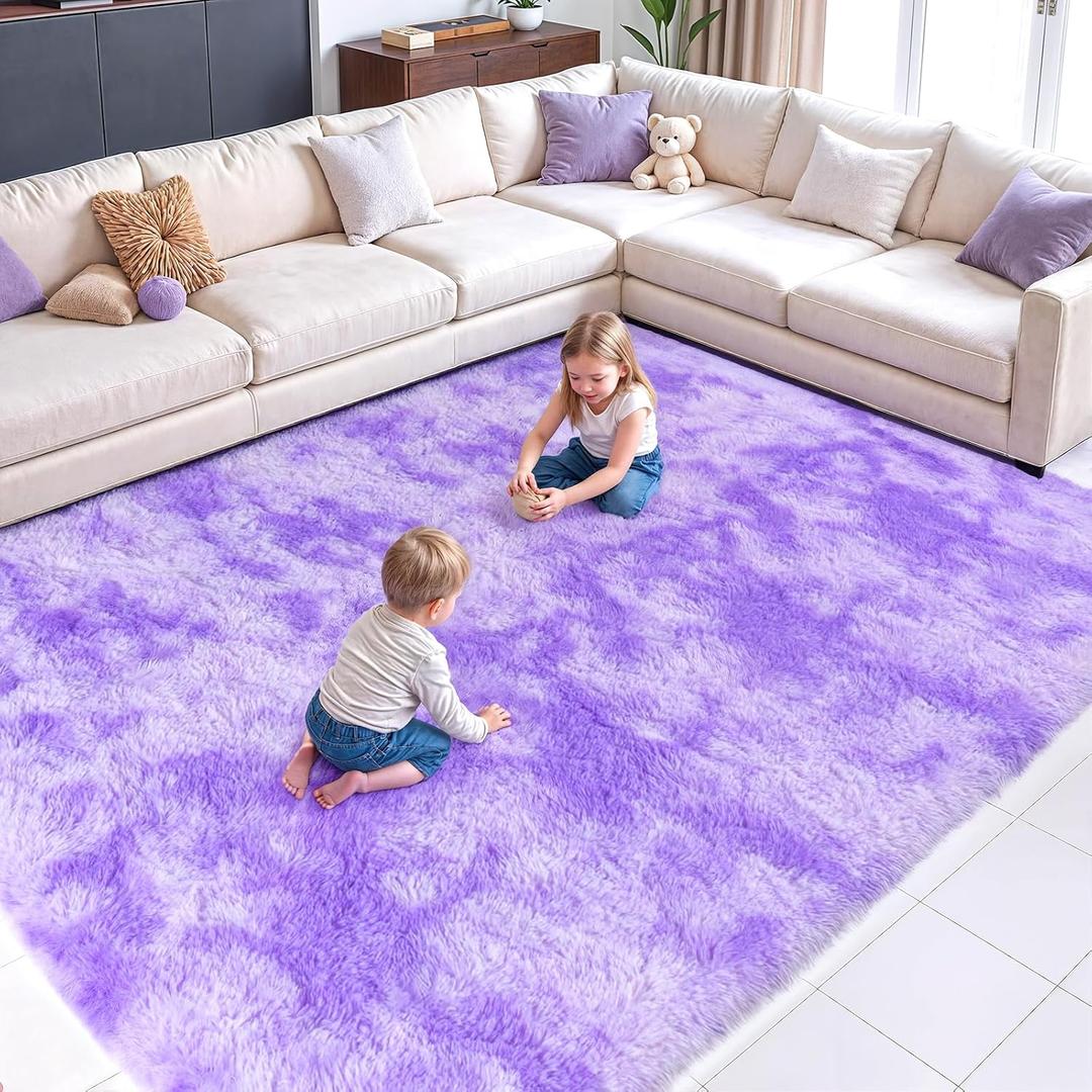 Zentavio Large Area Rugs for Living Room Purple Rugs for Girls Room 9x12 Carpet for Bedroom Washable Soft Fluffy Shag Aesthetic Plush High Pile Throw Rug for Nursery Kids Room Dorm Room Tie-Dyed