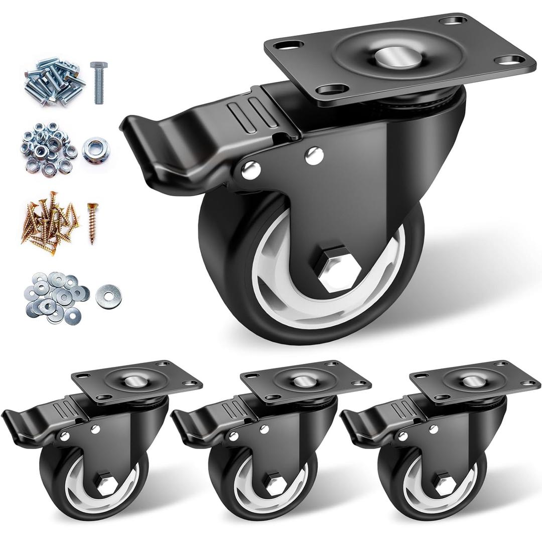 Caster Wheels - 3 Inch Casters Set of 4 Heavy Duty, BOSGEOT Locking Industrial Caster with 360 Degree No Noise Polyurethane Wheels, Swivel Plate Casters with Brake - Pack of 4