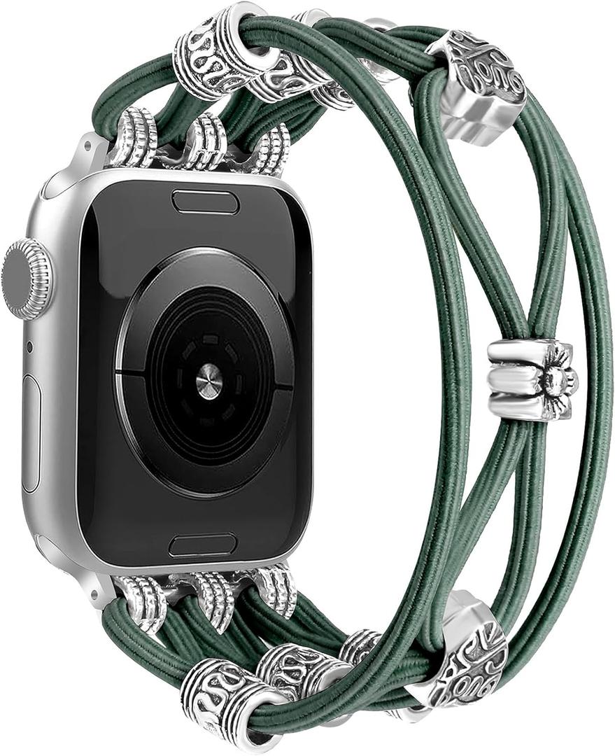 Newlibery Beaded Bracelet Compatible with Apple Watch Band 41mm 38mm 44mm 42mm 45mm 46mm 49mm Women Boho Braided Solo Loop Nylon Stretchy Dressy Strap for iWatch Serie11/10/9/8/7/6/5/4 SE 3/2/1 Ultra