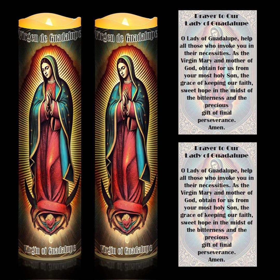 2 Sets LED Flameless Religious Candles Catholic Prayer Candle Catholic Battery Operated Electric Gift with Card LED Home Decor for Halloween Christmas(Virgin of Guadalupe)