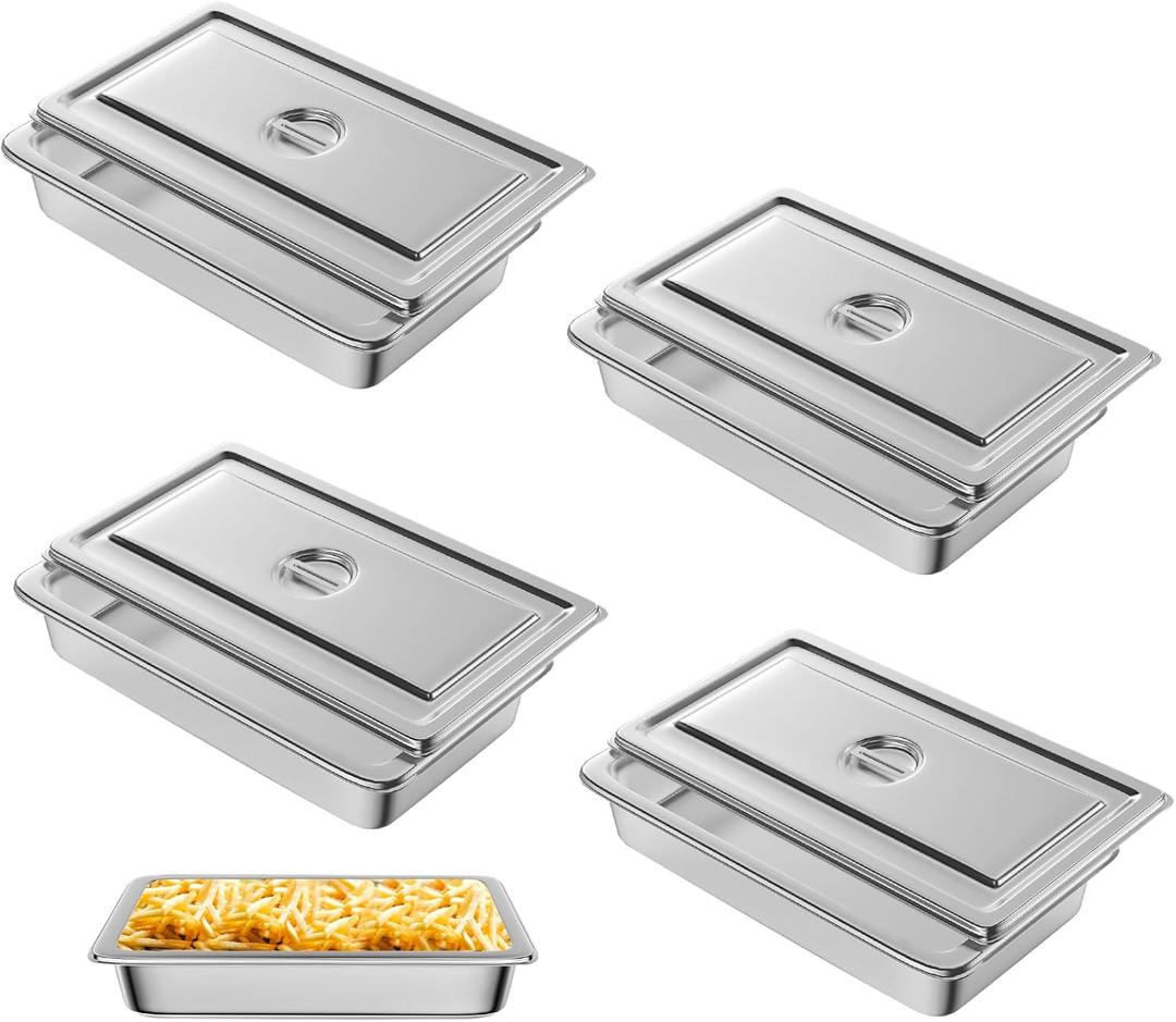 Hotel Pan, Full Size Steam Table Pan 4" Deep Stainless Steam Table Pan with Lid Full Size Food Pan 20.8" L x 13" W Anti Jam Stainless Steel Buffet Pan Commercial Stainless Steel Pan (4 Pack) (1/1 Size 4" Deep 4 Pack)