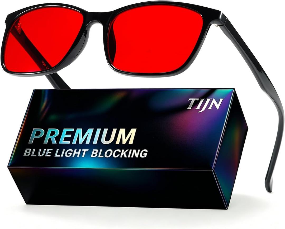 TIJN Sleep Glasses for 99.9% TR90 Blue Green Light Blocking Dual AR Coatings Red Lens for Computer Gaming Reduce Eyestrain, 02-red Lens/Black