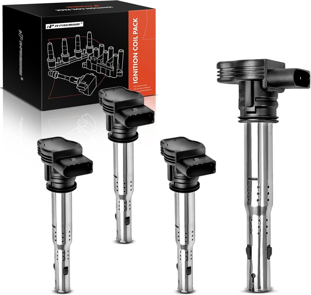 A-Premium 4PCS Ignition Coil Packs Compatible with Audi & Volkswagen Vehicles - 1.8L 2.0L 4.2L - A3 2006-2013, A4 2005-2016, A5 A6 Q3 TT Quattro allroad Beetle Golf Jetta Passat Tiguan Eos