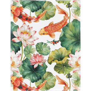 Lotus & Koi Fish Blanket, Traditional Art Home Decor, Super Soft Fleece Throw Blankets for Couch Sofa Bed, 40" x 50"