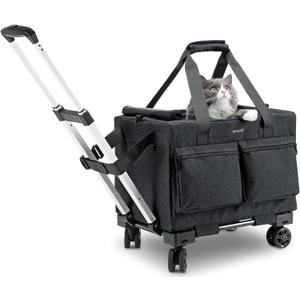 Pecute Cat Carrier with Wheels,Steel Wire Frame Cat Carrier, Stable Pet Trolley Bag for Cats, Pet Handbag and Stroller, Portable Cat Carrier Bag for Car Travel Bus Subway, Dark Grey (17.3"L x 11.7"W x 11.4"H)