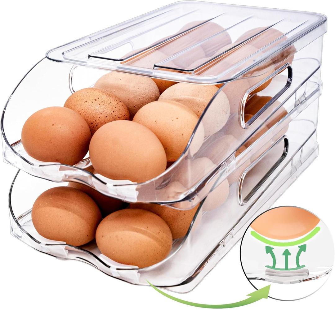 Egg Holder for Fridge, Automatic Steady Rolling Egg Container with Soft Bumpers & Handle for Refrigerator, Stackable Fridge Organizers and Storage with Lid ((M SIZE) 2 Tier Holder 24 Eggs)