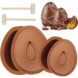 Easter Egg Silicone Mold for Chocolate, 4PCS 3D Egg Shape Molds 2 x 4inch & 2 x 6inch Large Size Non-Stick DIY Baking Candy Molds with 2 Wood Hammers for Easter Decorations, Party, Kids Gift