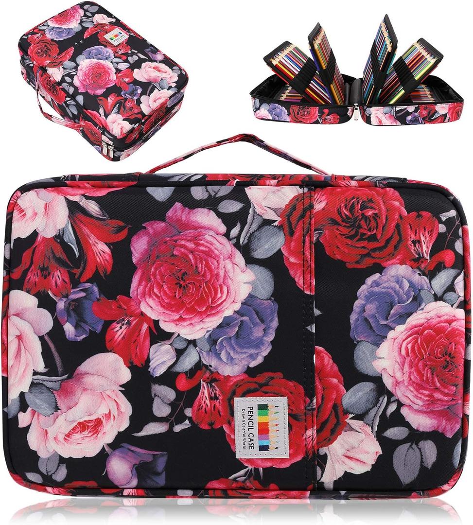 Big Capacity Colored Pencil Case Organizer 304 Slots Pen Holder Waterproof Storage Pouch Gel Marker Pen Bag Box for Cosmetic Brush Pencils & Gel Pen for Artist (Red Pink Rose)