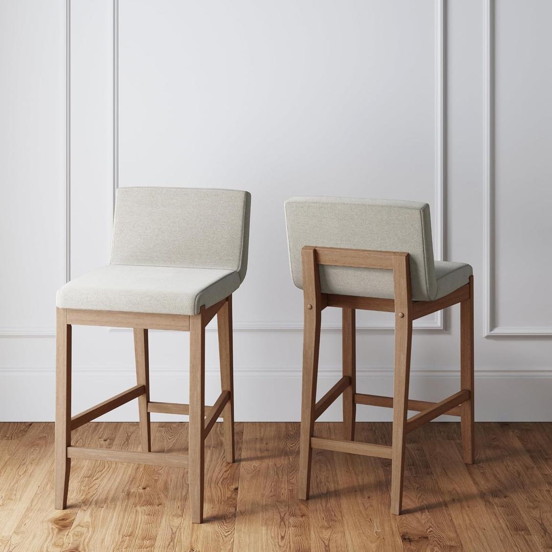 Nathan James Gracie Modern Counter Height Bar Stool with Back, Counter Stool Upholstered Chair with Natural Flax White Fabric and Brushed Wooden Legs, Natural Flax/Brown, Set of 2