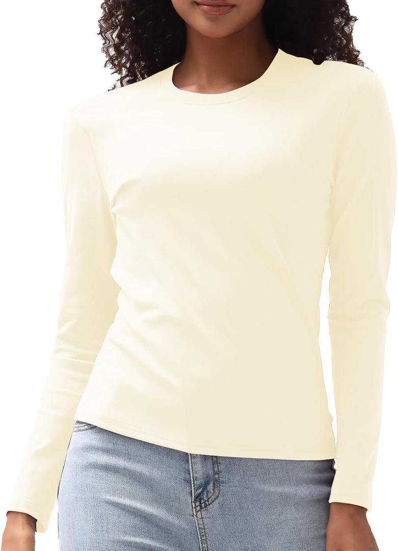 Cotton Long Sleeve Tee Shirts for Women Slim Fit Tshirts Basic Tops Tight Crewneck Layering Undershirts (Beige, L)