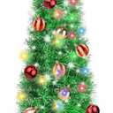 Dual Color Change & Timer 5 Ft Green Pop Up Christmas Tree with DIY 60 Warm & Multicolor Lights 4 Modes Tinsel Pencil Christmas Slim Tree with Star 25 Ball Ornament Xmas Decoration Home Indoor Holiday