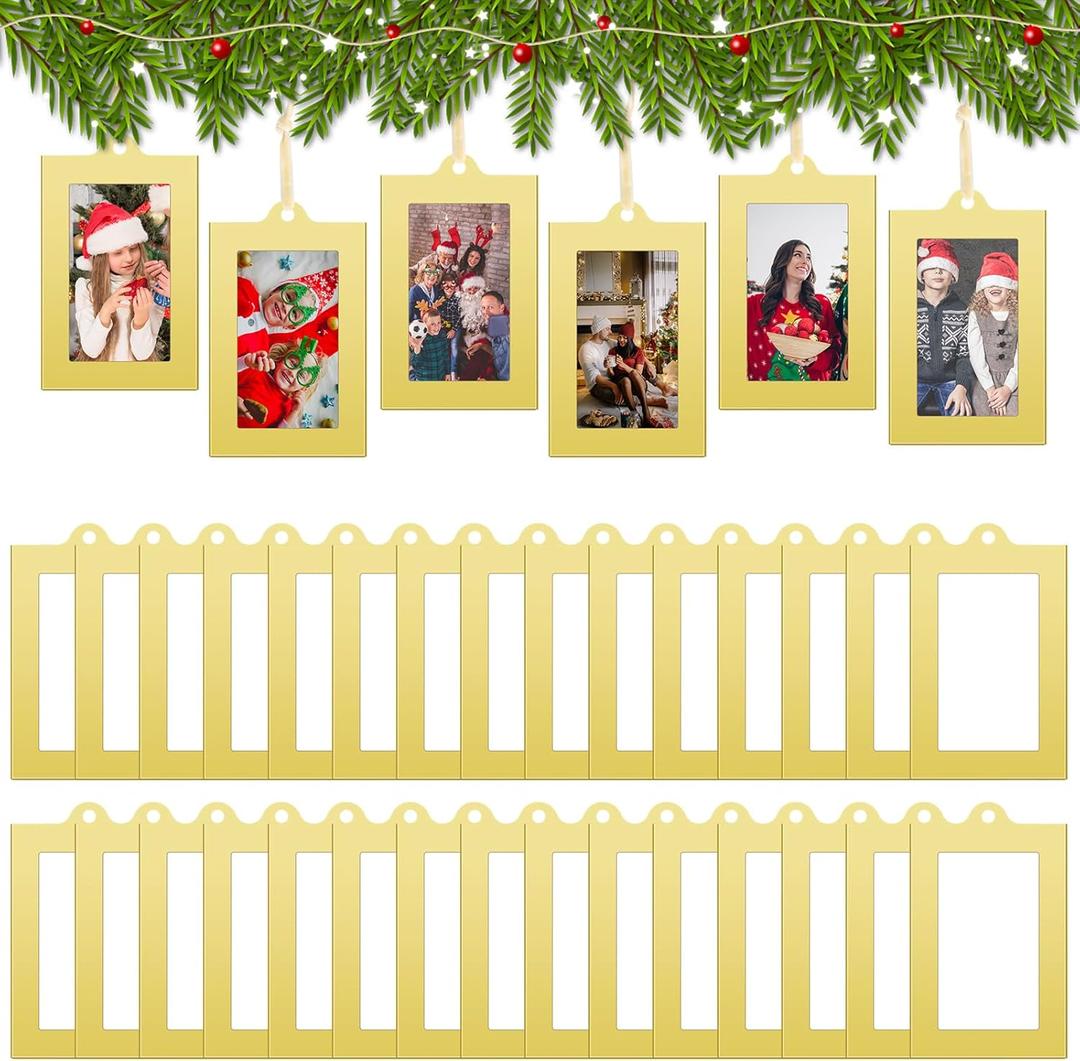 Barydat 50 Pcs Metal Christmas Photo Frame Ornaments Bulk 2 x 3 Inch Heavy Duty Reusable Small Frame Decorations for Xmas Tree Home Indoor Outdoor Decor Gifts (Vertical,Gold)
