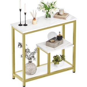 CHOEZON Modern Console Sofa Table 3-Tier Hallway Table Open Storage, Marble Veined Table Top, Metal Frame, for Entryway, Foyer, Marble White and Gold TXG03DJ, 31.5"L x 11.8"W x 30.5"H