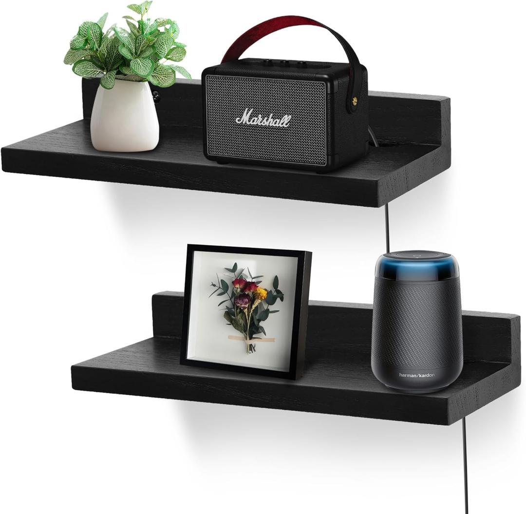 Small Floating Shelf for Wall,9 Inch Wall Mounted Shelf with Cord Hole,Small Display Shelves for Cameras, Webcam, Router,Smart Speaker,Action Figures-2 PcsBlack