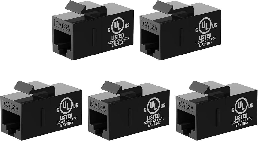 VCE UL Listed CAT6A Keystone Coupler (5-Pack, Black), UTP RJ45 Female-to-Female Jack, Compatible with CAT6A/CAT6/CAT5E Ethernet Cables for Home & Office Networks
