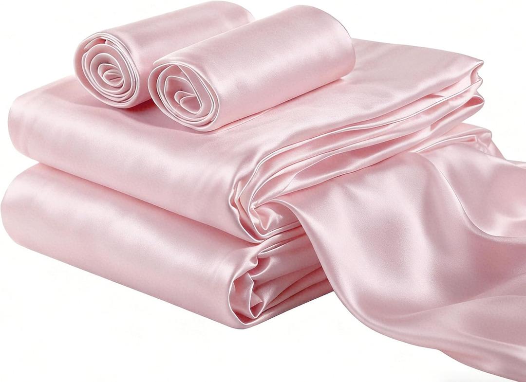 4 Piece Satin Silky Sheet Set Full Size, Refreshing Cool Touch Smooth Hair & Skin Friendly Lightweight Summer Hot Sleeper, Pink
