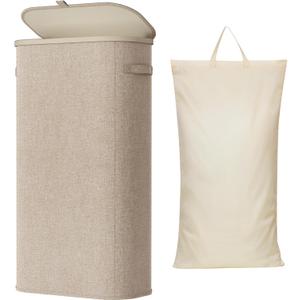 Lifewit Slim Laundry Basket with Lid, Narrow Large Laundry Hamper with Plastic Handles and Removable Bag, Tall Foldable Dirty Clothes Hampers for Laundry Room, Bedroom, Bathroom, Dorm, 75L Beige