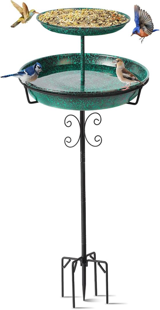 Bird Bath for Outside, 40 Inch Freestanding Birdbaths for Outdoors, Double Metal Bird Bath Feeder Bowls with Upgraded 5-Pronged Base for Garden Patio Yard Lawn Decor