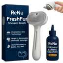 Renu Dog Brush, Renu FreshFur Dog Shower Brush + Bathing Solution, 3 in 1 Self Cleaning Steamy Pet Brushes, Dogs Grooming Tool for Long & Short Hair, Removes Loose Hair Reduces Shedding (White)