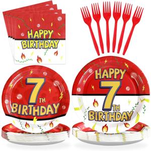 Grencian 96Pcs Happy 7th Birthday Party Supplies Cartoon Anime Themed Paper Plates and Napkins Tableware Sets Red and White Decoration for 7 Year Old Birthday Kids Children Party Serves 24