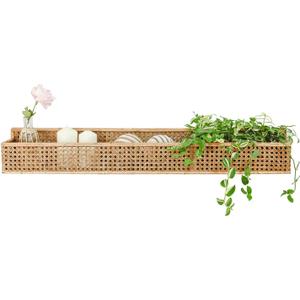 Boho Long Rattan Wall Shelf Farmhouse Woven Wall Mounted Shelf Basket Organizer Storage Rustic Floating Hanging Wall Shelf for Livingroom Home Decor