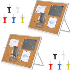 2 Pcs 11.81"15.74" Cork Bulletin Board, Double Sided Pin with Silver Aluminum Border, Small Desktop Cork Board with Stand for Home, Office, School, Desk Message or Picture