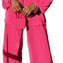 kaimimei Casual 2 Piece Outfit for Women - Linen Long Sleeve Button Down Shirt + Flare Pleated Wide Leg Pants Sets Streetwear (Large, Dark Pink)