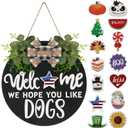 Interchangeable Wooden Seasonal Welcome Sign, Rustic Round Dogs Sign Front Door Wreaths for Home/Wall/Porch Decor, for Easter Spring Summer Fall Halloween Christmas All Season Decorations (Black)
