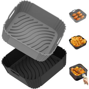 Redfly 2 Pack Silicone Air Fryer Liners, Square Reusable Non-Stick Basket Inserts for 4-5.5 QT/5-8.5 QT Air Fryers, Dishwasher Safe Parchment Paper Replacement Accessories Gray & Black