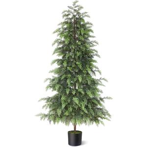 FOTEEWL 5FT Artificial Cedar Trees Topiary for Front Porch Decor - Fake Pine Shrubs Potted Plants Faux Bushes Cypress UV Resistant for Outdoor Indoor Door Offices Farmhouse Home Decor